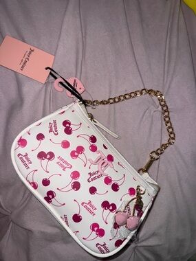 Juicy Couture White Wristlet with Pink Cherry Print & Gold Chain